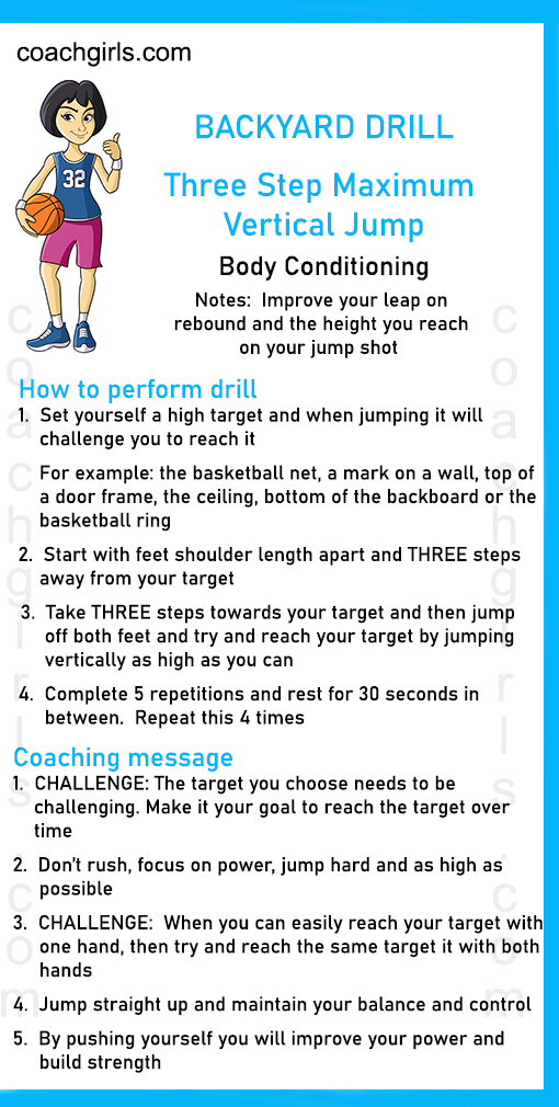 BACKYARD DRILL   Three Step Maximum Vertical Jump   Body Conditioning   Notes:  Improve your leap on rebound and the height you reach on your jump shot   